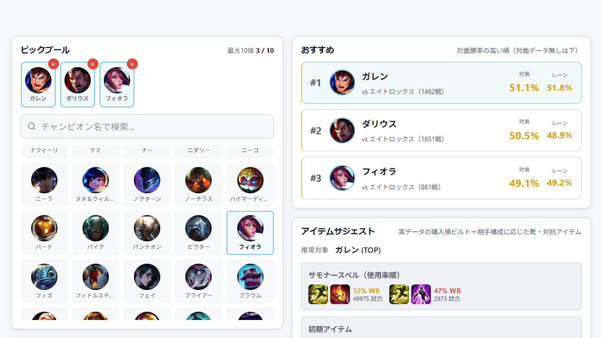 ピックアシスタントの画面。左にピックプール、右におすすめ度とアイテムサジェストが並ぶ